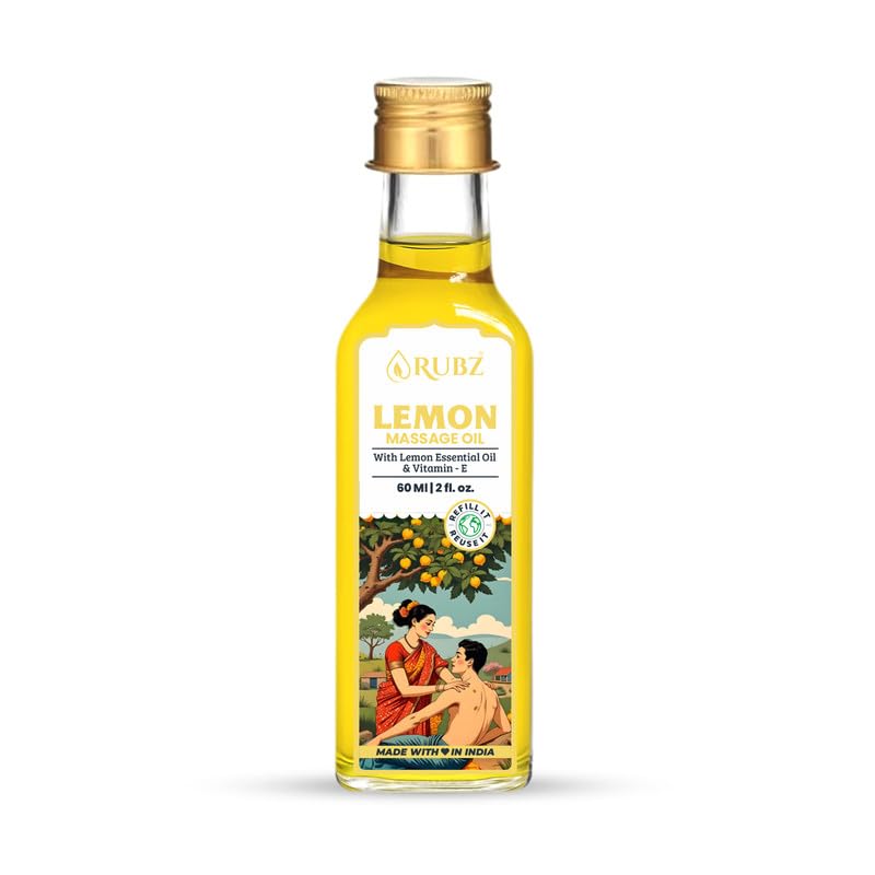 Image of Rubz Lemon Body Massage Oil - 60ml | Refreshing Citrus Body Oil | Quick Absorbing Herbal Body Massage Oil for Men & Women