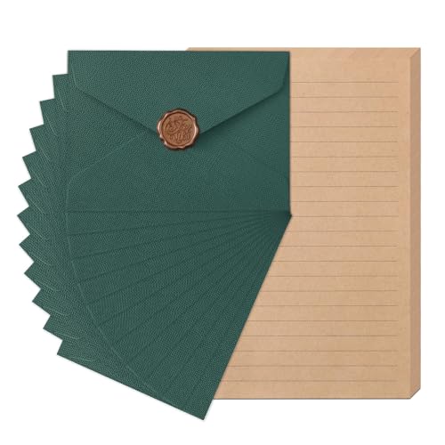 12 Stück Vintage Briefpapier mit Umschlag Set, 12 Briefumschläge, 24 Briefpapier Liniert und 12 Wachssiegel-Aufkleber, für Liebesbrief, Hochzeit, Geburtstag, Grußkarten (C)