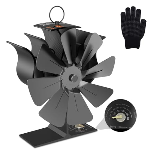 Kasachoy Ofenventilator Kamin Ventilator Kaminventilator mit 8 Blättern Kaminbesteck Lüfter für Holzofen, Kaminventilator Ofenventilator Ohne Strom mit Thermometer Wärmebetriebener Ventilator