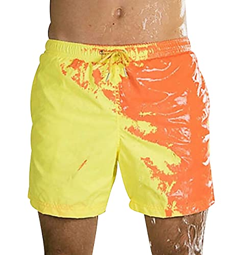 Bañador Natacion Hombre Cambia Color Bañadores Secado Rapido Hombre Traje de Baño Hombre Bañador Surf Corto Deportivo Piscina Natación Short Playa Surfero Hombre Talla Grande Naranja Amarillo XXL