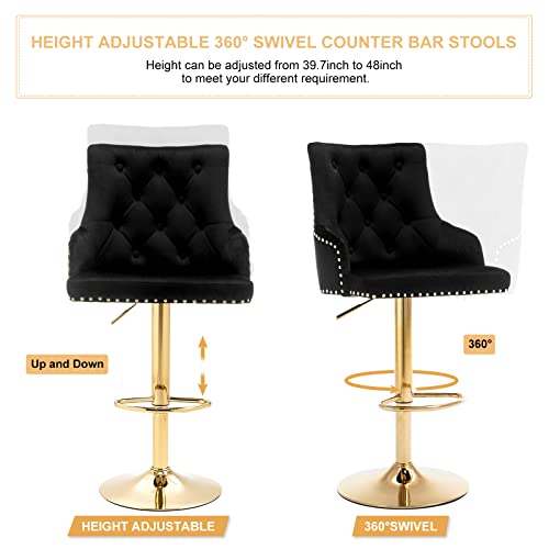 Bar Stool Set Of 2 Black Velvet Adjustable With Tufted Backrest, Counter Height Swivel Chairs Upholstered Modern Barstool Golden Base For Kitchen Island, Home Bar, Dining Room,Pub,Club #TOP5