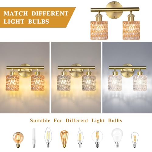 Image of Bathroom Vanity Light, Gold Wall Fixture Over Mirror, Amber Glass Shade Lighting with Bulbs Included for Bedroom & Living Room, 2-Lights