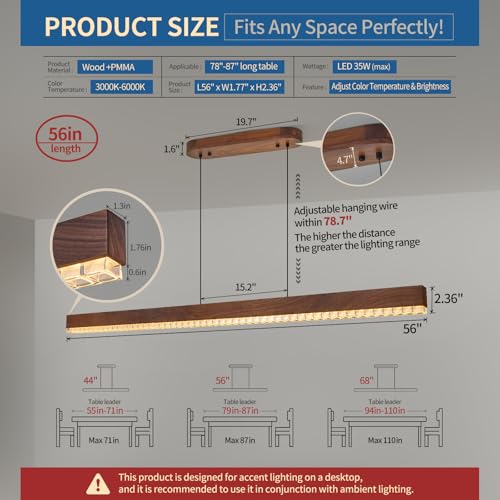 57" Wood Linear Pendant Light, Dimmable Kitchen Island Lighting with Remote, 30W LED Island Lights for Kitchen, Adjustable Linear Chandelier for Dinning Room Light Fixture, Bar, Pool Table - Walnut by ZUI - Image 3