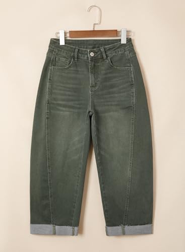 Image of Sidefeel Barrel Jeans for Women High Waisted Wide Leg Baggy Stretchy Trendy Raw Rolled Hem Capri Cropped Ankle Denim Pants