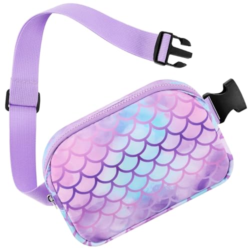 Kids Belt Bag Fanny Pack - Mermaid Crossbody Bag Waist Bag Purse for Girl with Adjustable Waistband 20-35.5 Inch Multiple Compartments Waist Bag Girls Sports Bags Child Runner Bags Gift
