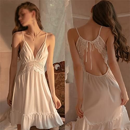 LIUZH Women Night Gowns Satin Victorian Dress Sleepwear Nightgown Lounge Set Lace Lingerie Camisolas Summer (Color : White, Size : M)