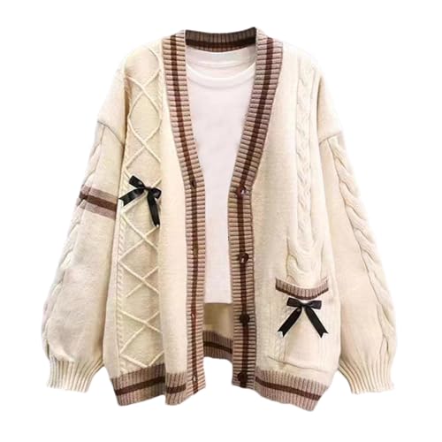 Shebote Womens Cute Sweet Cardigan Sweater Long Sleeve V-Neck Bowknot JK School Uniform Cardigans Knitted Sweaters(0442-Khaki-M)