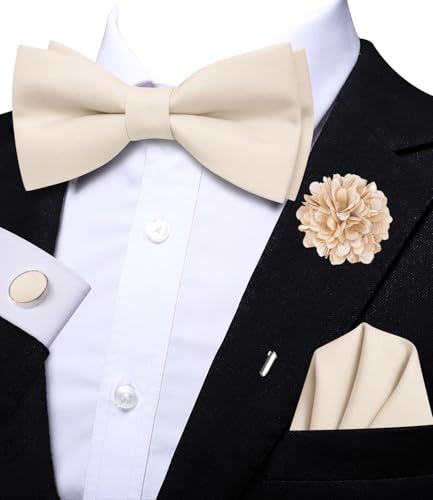 Image of Hi-Tie Bow Ties for Men Pre-Tied Pocket Square with Cufflinks Mens Bowtie Sets for Wedding Formal Party