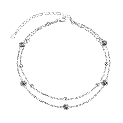 Image of Flyow Anklet for Women S925 Sterling Silver Adjustable Foot Beaded Heart Charm Ankle Bracelet Anklets Jewelry