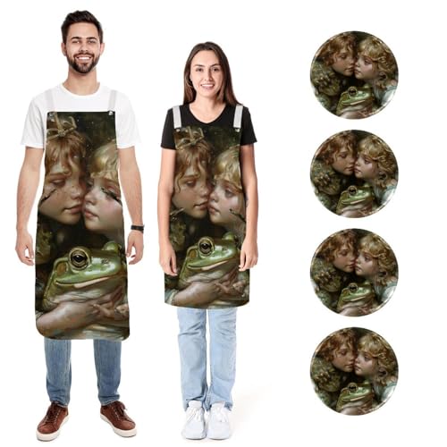 Tabliers de cuisine en lin lot de 2 avec poches réglables motif grenouille