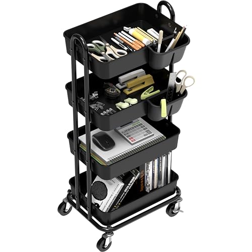 Simple Houseware 4-Tier Rolling Utility Cart with Hanging Bucket, Black by Simple Houseware - Used condition - Image 2