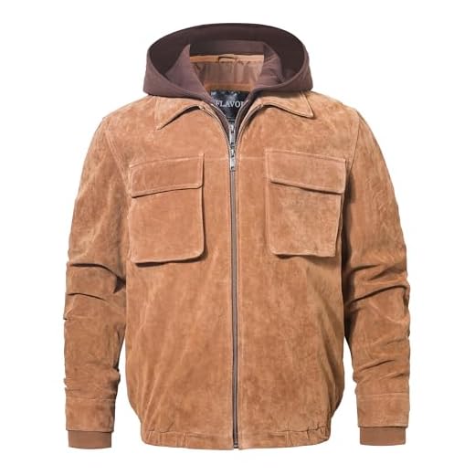 FLAVOR Jaqueta bomber masculina de couro casual de camurça com capuz removível, Marrom, P