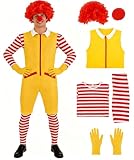 Sarkaki Ronald Clown Costume 5pcs Adult Striped T-shirt Pants Yellow Jumpsuit Wig Gloves Set Men Halloween Cosplay Outfits S