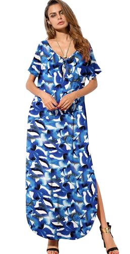 GRECERELLE Women's Summer Maxi Dress Casual Loose V Neck Short Sleeve Side Split Floral Long Dresses with Functional Pockets
