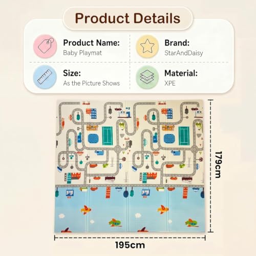 Image of StarAndDaisy Foldable Baby Play Mat 6 x 6.5 ft, 20MM Thick XPE Foam Playmat, Reversible 2-in-1 Design, Lightweight Cushioned Floor Mat for Crawling, Playing & Learning