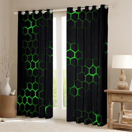 Honeycomb 30%-50% Blackout Curtains W66*L90 Modern Hexagon Theme Curtains for Bedroom Boys Girls Children Geometrical Darkening Drapes Beehive Green Window Treatments - Image 2