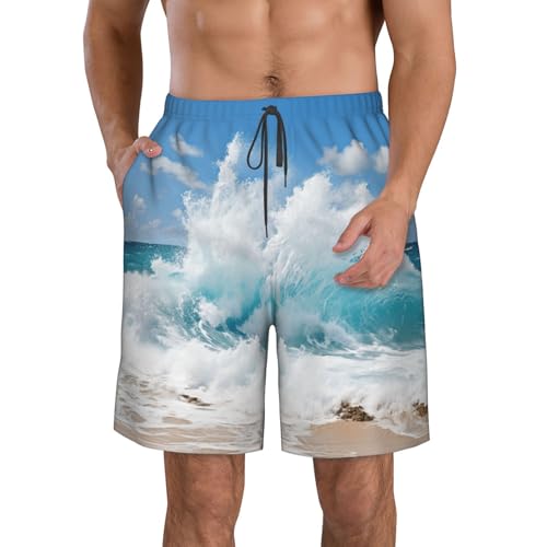 Ocean Wave Print Mens Casual Shorts Drawstring Summer Beach Stretch Shorts Novelty Swimtrunks