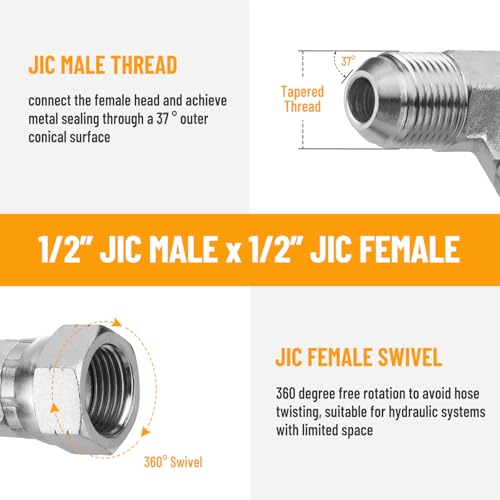 Image of 5 Pack 90 Degree Elbow JIC 37 Hydraulic Fittings: 1 /2 inch JIC Male x 1 /2 inch JIC Female, with Protection Cover Hydraulic Hose Swivel Crimp Fittings | 5 Pack Carbon Steel Hydraulic Hose Swivel Crimp Adapters with Protective Cover for Hydraulic Assembly System - 6500-08-08
