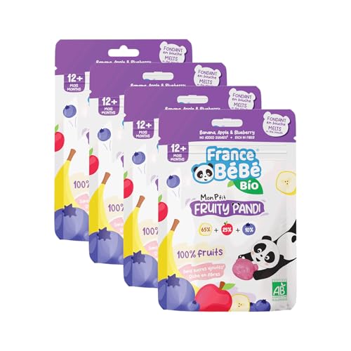 FRANCE BéBé BIO - Snack BIO Mon P'tit Fruity Pandi Myrtille - A partir de 12 mois - Pack de 4 sachets x 10g