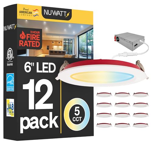 NUWATT 12 Pack 6" 2 Hour Fire Rated Baffle LED Recessed Lights, 2700K-5000K
