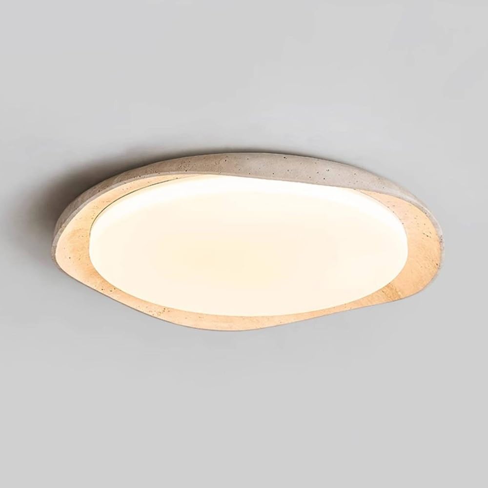COSRUB Japanese Round Travertine Ceiling Lamp, Low Profile Wave Stone Flush Mount Ceiling Light Nordic 3 Color Dimmable Ceiling Lighting for Bedroom Study(43cm/16.92in)