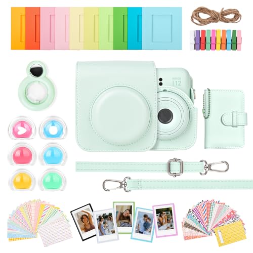 HIYQIN Fuji Mini 12 Camera Leather Case and 7-Pack Accessories Photo Album/Photo Frame & Stickers/Lens Filter/Selfie Mirror Compatible for Instax Mini 12 Instant Camera - Mint Green