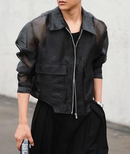 Men's Casual Cropped Jacket Summer Long Sleeve Mesh See Through Lightweight Thin Jacket Clubwear2