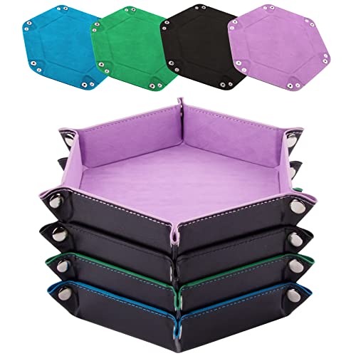 SIQUK 4 Pieces Dice Tray Hexagon Dice Roller Tray Folding PU Leather Dice Trays for Dice Games Like RPG, DND and Other Table Games(Lilac, Black, Green, Sky Blue)