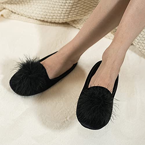 Gritheim Women's Fuzzy Pom Pom Feather Velvet House Slippers Sexy Cozy Bedroom Slippers For Ladies Non-Slip Sole Indoor Outdoor 7-8 Black #TOP1