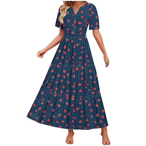 Womens Summer Casual Maxi Dresses 2025 Lightweight Short Sleeve V Neck Elastic Waist Boho Beach Dress with Pockets A Line Swing Sundress Summer Casual Floral Printed Dress