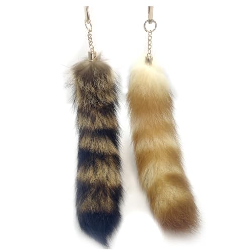 LAIDIC 2pcs Fluffy Raccoon Tail Keychain therian tail Faux Fur Realistic Animal Tail Accessory for Cosplay Costume (Gold and Brown raccoon tails)