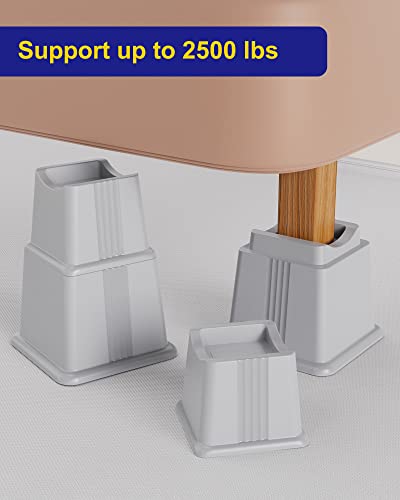 Nachell Adjustable Bed Furniture Risers 8 Pack Bed Lift Risers Elevation In Heights 3, 5 Or 8 Inches Heavy Duty For Caster Wheels Or Posts Of Bed Table Couch, Support Up To 2500 Lbs. (Grey) #TOP2
