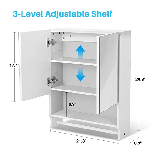 Nidouillet Bathroom Wall Cabinet With Mirror, 27" Wall Mounted Medicine Cabinet Storage With 2 Mirrored Doors, Adjustable Shelves, Towel Rack, White Hanging Cabinet For Over Toilet, Laundry Room #TOP2
