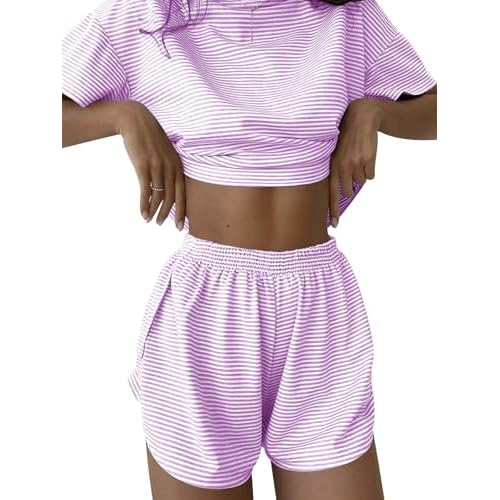 Kistore Summer 2 Piece Pajamas Sets Short Sleeve Sleepwear Pjs Lounge Split Short Sets A-purple White Striped Large