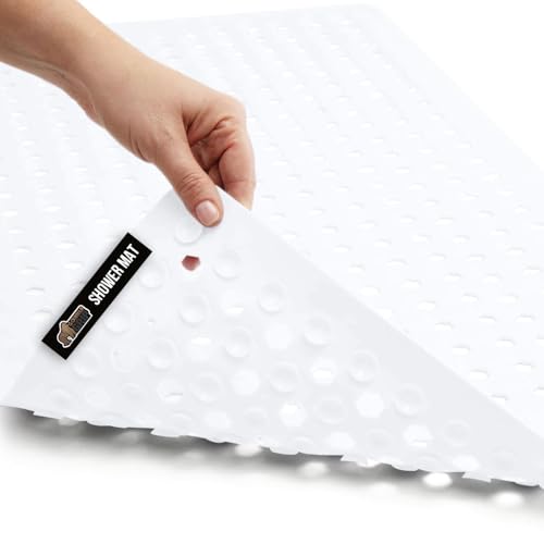 GORILLA GRIP Patented Bath Tub Shower Mat, Machine Washable Bathtub Floor Liner Mats, Suction Cups and Drain Holes to Keep Tubs Clean, Soft on Feet, Bathroom Essentials, 35x16 Inch, White