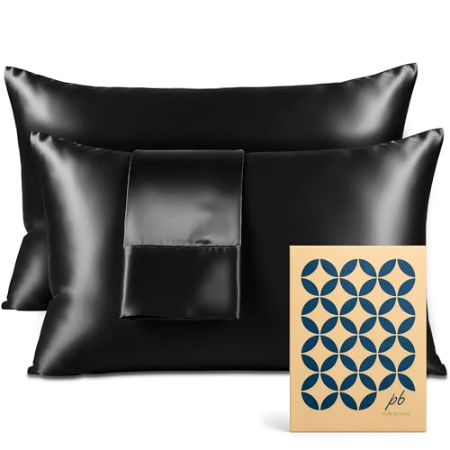 Pure Bedding Satin Pillowcase 2 Pack - Queen Size (20x30 Black) - Silky Pillow Cases for Hair and Skin - Satin Pillow Covers with Envelope Closure - Extra Soft Premium Microfiber