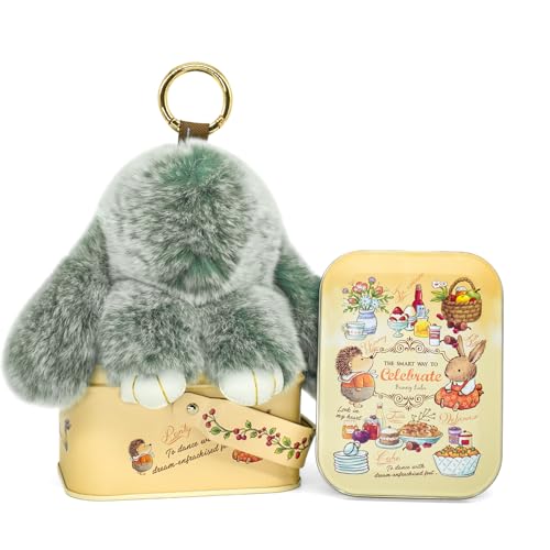 BunnyLulu Keychain with Tin, 5.8'' Handmade Pompom,15Colors, Easter Gift for Kids & Adults,Plush Bag & Car Accessory(Sassylulu-2)