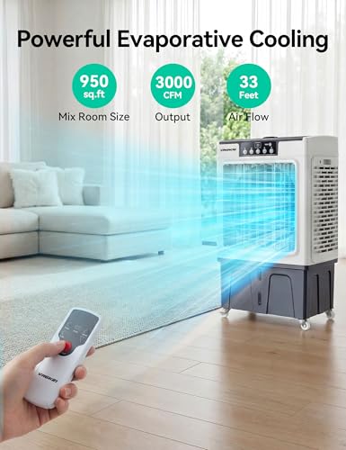 VAGKRI Swamp Cooler, 3100 CFM Evaporative Air Cooler with 12 Gallon Tank, 120° Oscillation, 3 Modes & 3 Speeds, 24H Timer, Remote Control, Outdoor Cooling Fan with Auto Fill for Patio, Garage, Factory — view 4