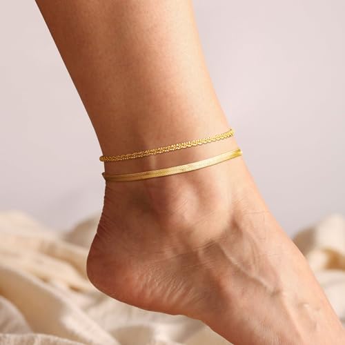 CHESKY Gold Ankle Bracelets for Women, 14k Gold Plated/Sterling Silver Anklet Bracelet Set Layered Glitter Box Paperclip Figaro Cuban Link Anklets for Women, Waterproof Summer Gold Jewelry Gifts