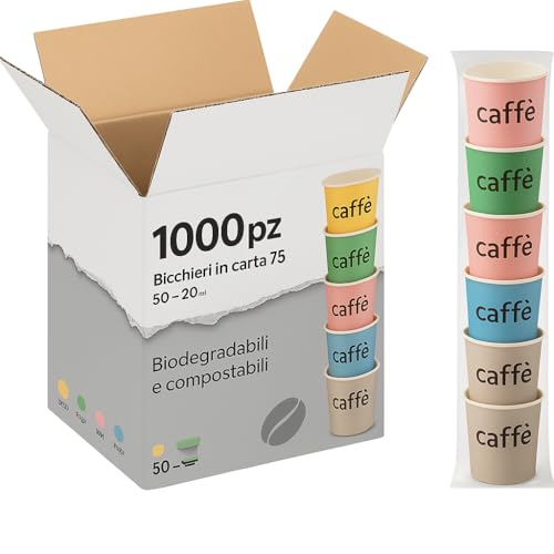 vidoelettronica 1000 Pz Bicchieri Caffe' di Carta Biodegradabili Biocompostabili Tazzine 75 ml Bicchiere Carta Resistente