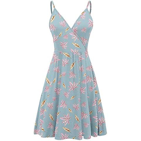 YUNDAI Women's V Neck Floral Spaghetti Strap Summer Dress Sleeveless Casual Swing Midi Sundress Cover