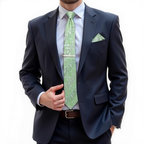 Image of DiBanGu Paisley Ties for Men Silk Necktie and Pocket Square Cufflinks Tie Clip Set Woven Classic Mens Tie for Wedding Party