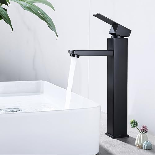 HOMELODY Wasserhahn Bad Schwarz Hoch, Höhe 295mm Waschtischarmatur Eckig | Edelstahl Mischbatterie Waschbecken Hoch Mattschwarz, Armatur Badezimmer Waschraumarmatur Einhebelmischer
