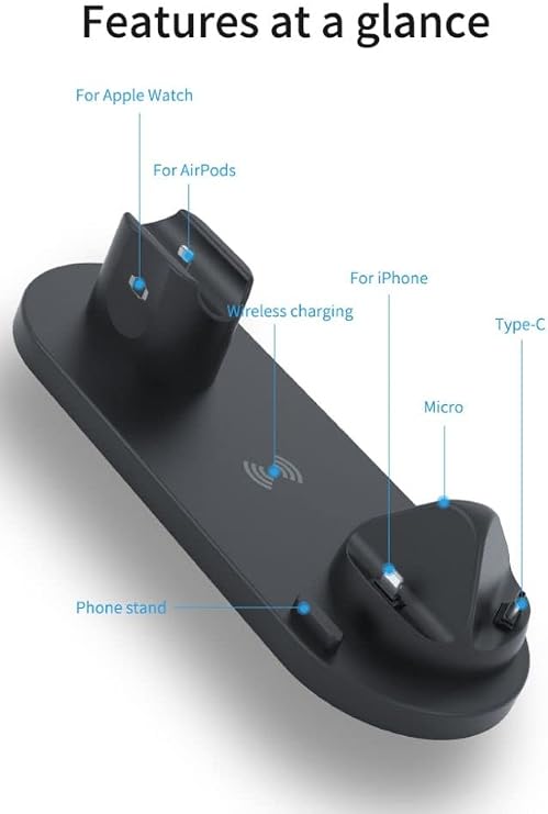 Wireless Phone Charger 6 in 1 Multi-Functional Dock (Black)