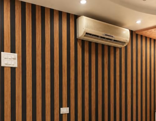 Image of 3D Wooden Strip Design Self Adhesive Wallpaper | Brown & Black Vertical Panel PVC Wall Sticker | Waterproof Peel & Stick Wallpaper for Living Room, Bedroom & Office
