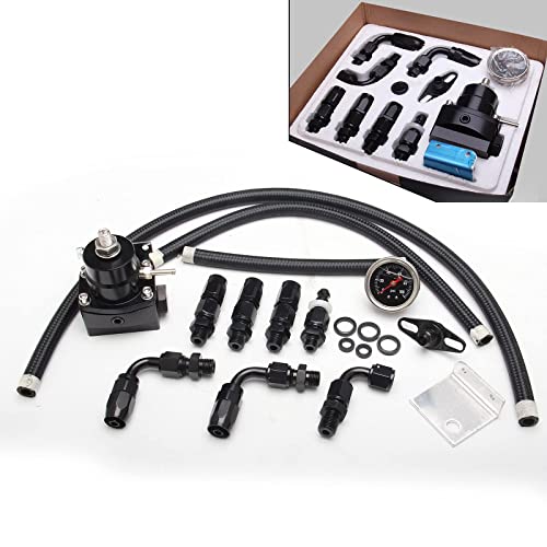 WENJTP EFI Fuel Pressure Regulator Kit with 0-100psi Pressure Gauge AN6-6AN Aluminum Adjustable Universal Fuel Line Hose Fitting Connectors Kit Black HTRACING