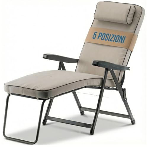 Tomaino - Sedia Sdraio Imbottita da Casa - Poltrona per Interno ed Esterno con Poggiapiedi e Morbido Cuscino Reclinabile in 5 Posizioni - Ideale per Casa Giardino Campeggio (Con Piedino, Ecrù)