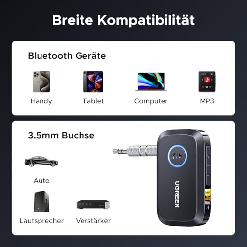 UGREEN Aux Bluetooth 6.0 Adapter Auto mit LDAC Dekodierung, Hi-Res Audio Gold Standard Zertifizierung, 17Std. Akkulaufzeit, Klinke Bluetooth Empfänger für Autoradio/Stereoanlage/Headset