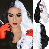 WIGER Half Black Half White Wigs - Long Curly Wavy Synthetic Wigs for Women, Cosplay, Halloween - Middle Part Style