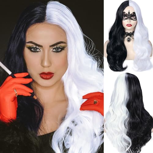 WIGER Half Black Half White Wigs for White Women Long Curly Wavy Wigs for Women Long Black and White Curly Wigs Middle Part Synthetic Wigs for Cosplay